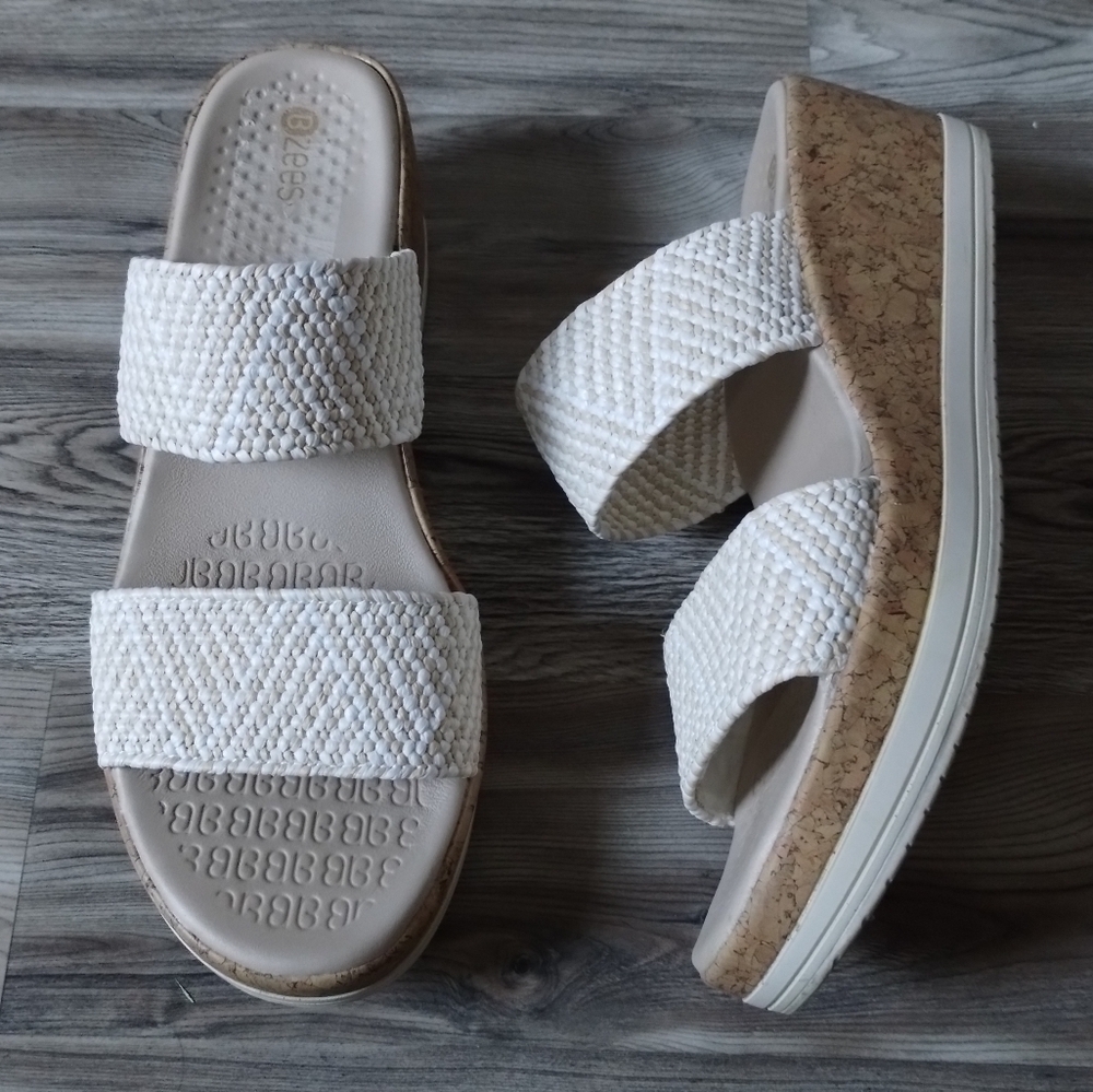 BZEES Resort Platform Slide Sandal In White Raffia Fabric Women's Size 8.5
